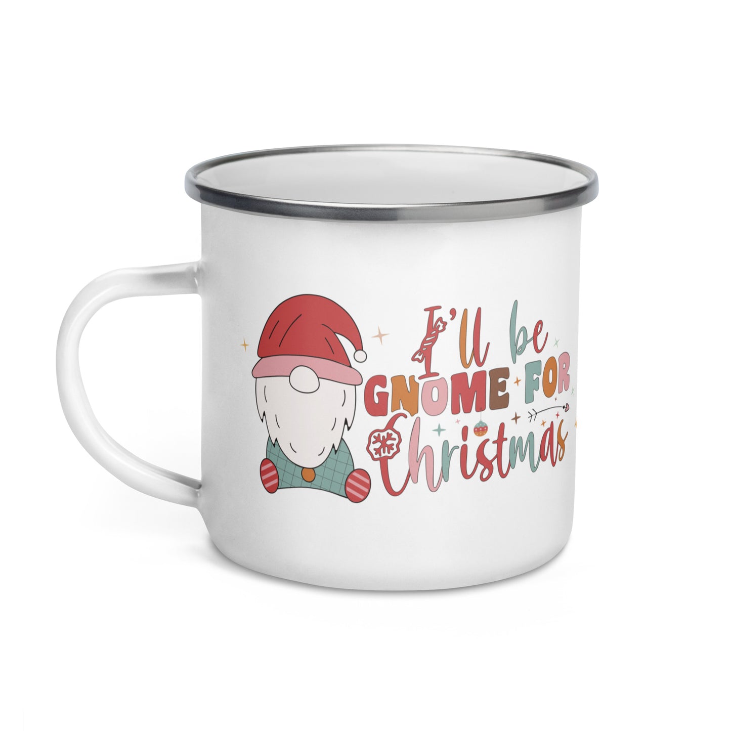White Enamel Indoor Outdoor mug with a cute little gnome and the saying, I'll be gnome for Christmas on it for Hot Beverages, Hot Chocolate. Great for Christmas Gifts, Hot cocoa Bombs and stocking stuffers.