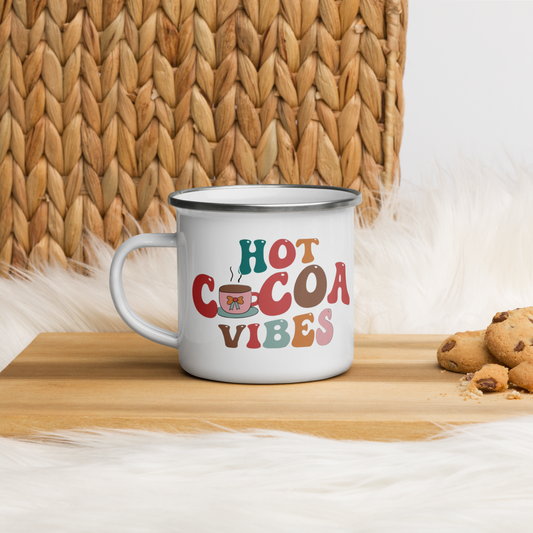White Enamel Indoor Outdoor mug with the saying Hot cocoa Vibes on it for Hot Beverages, Hot Chocolate. Great for Christmas Gifts, Hot cocoa Bombs, Hot chocolate lovers and stocking stuffers. 