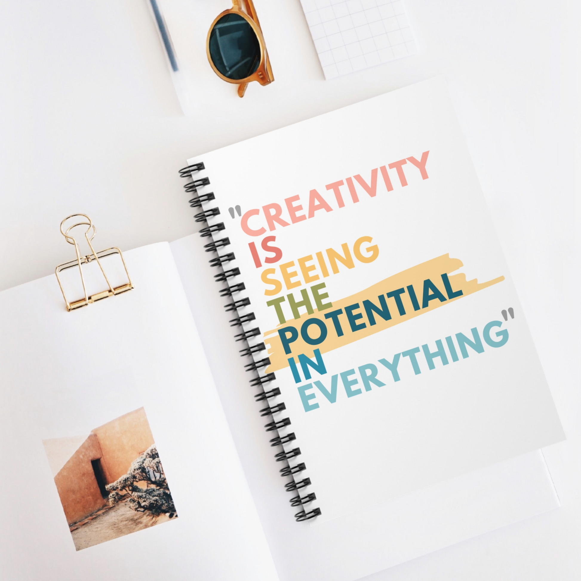 118 page rule lined notebook with the caption on the front that reads, creativity is seeing the potential in everything. A great gift for a creative person, artist, or writer for note taking, journaling, or creative writing.