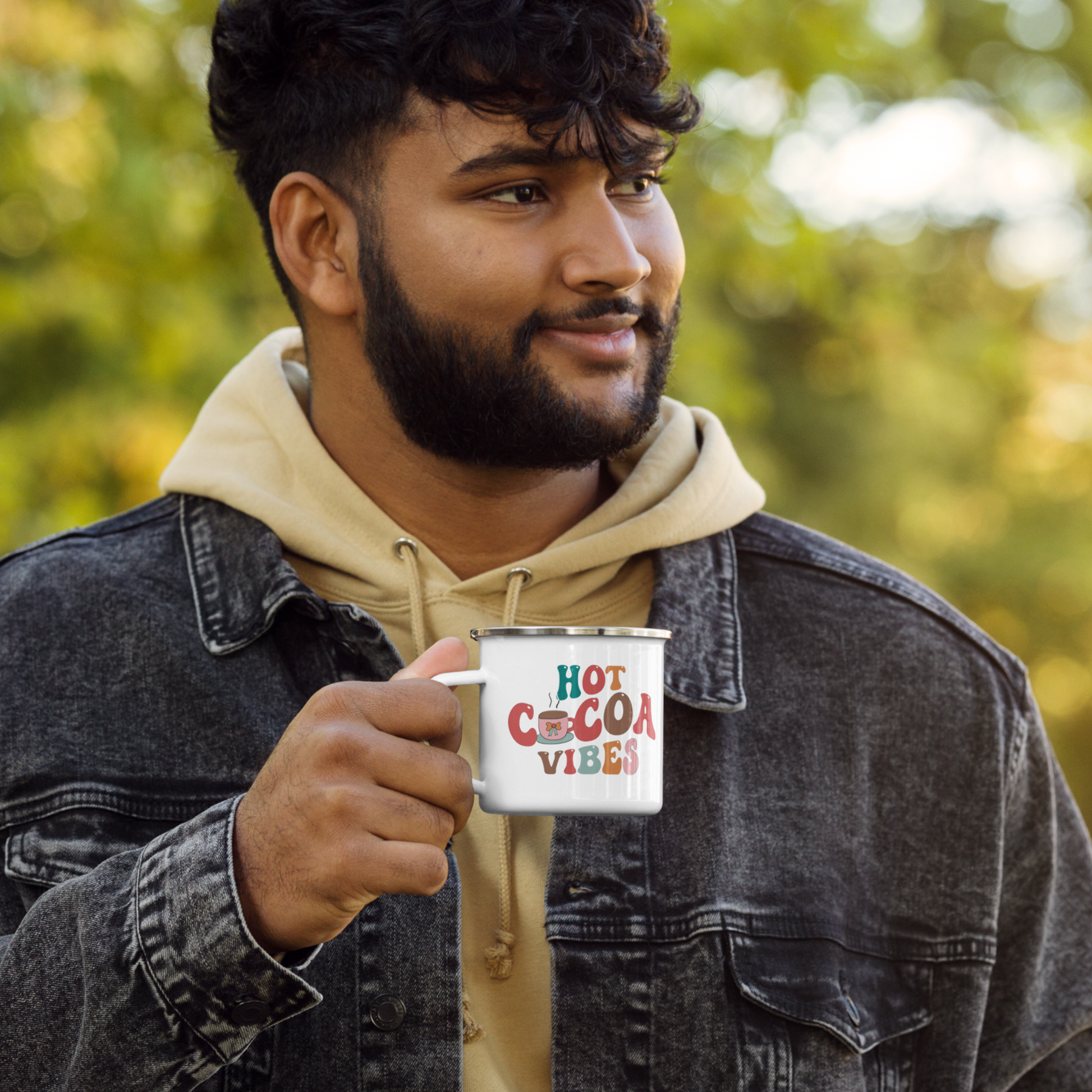 White Enamel Indoor Outdoor mug with the saying Hot cocoa Vibes on it for Hot Beverages, Hot Chocolate. Great for Christmas Gifts, Hot cocoa Bombs, Hot chocolate lovers and stocking stuffers. 