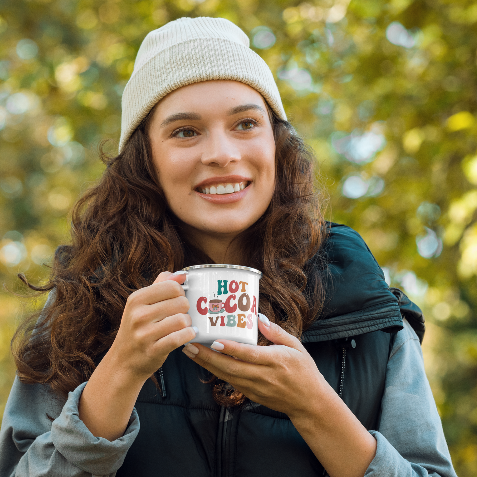 White Enamel Indoor Outdoor mug with the saying Hot cocoa Vibes on it for Hot Beverages, Hot Chocolate. Great for Christmas Gifts, Hot cocoa Bombs, Hot chocolate lovers and stocking stuffers. 