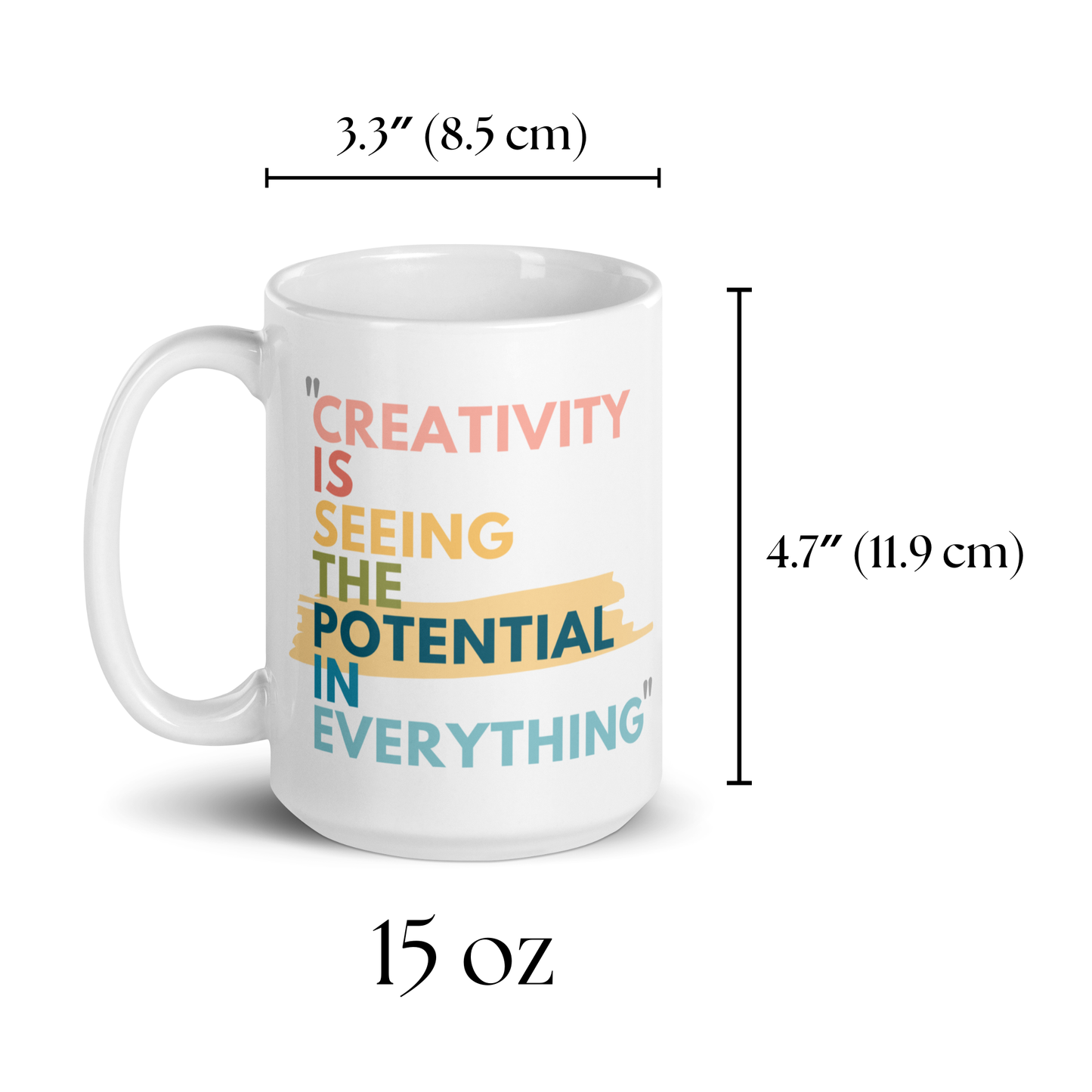 15 oz white glossy mug with the caption Creativity is Seeing the Potential in Everything. A Great gift for creative minds, a mug for artists, even makes a fun inspiring pencil holder for the office or craft room. The Bold colorful text makes the design stand out. 