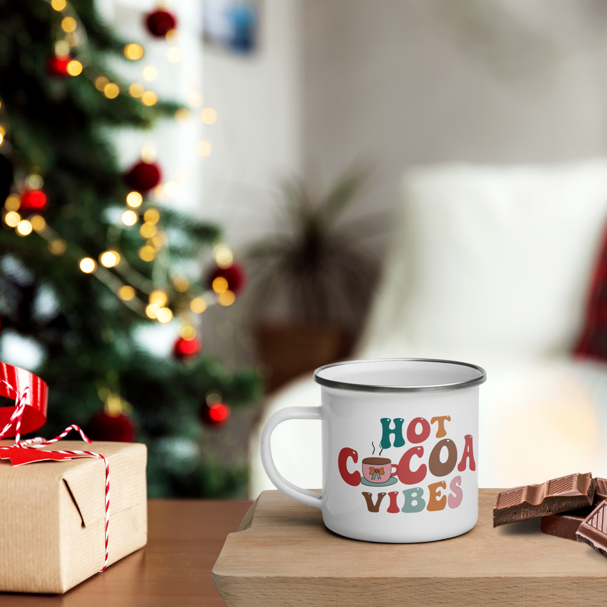 White Enamel Indoor Outdoor mug with the saying Hot cocoa Vibes on it for Hot Beverages, Hot Chocolate. Great for Christmas Gifts, Hot cocoa Bombs, Hot chocolate lovers and stocking stuffers. 