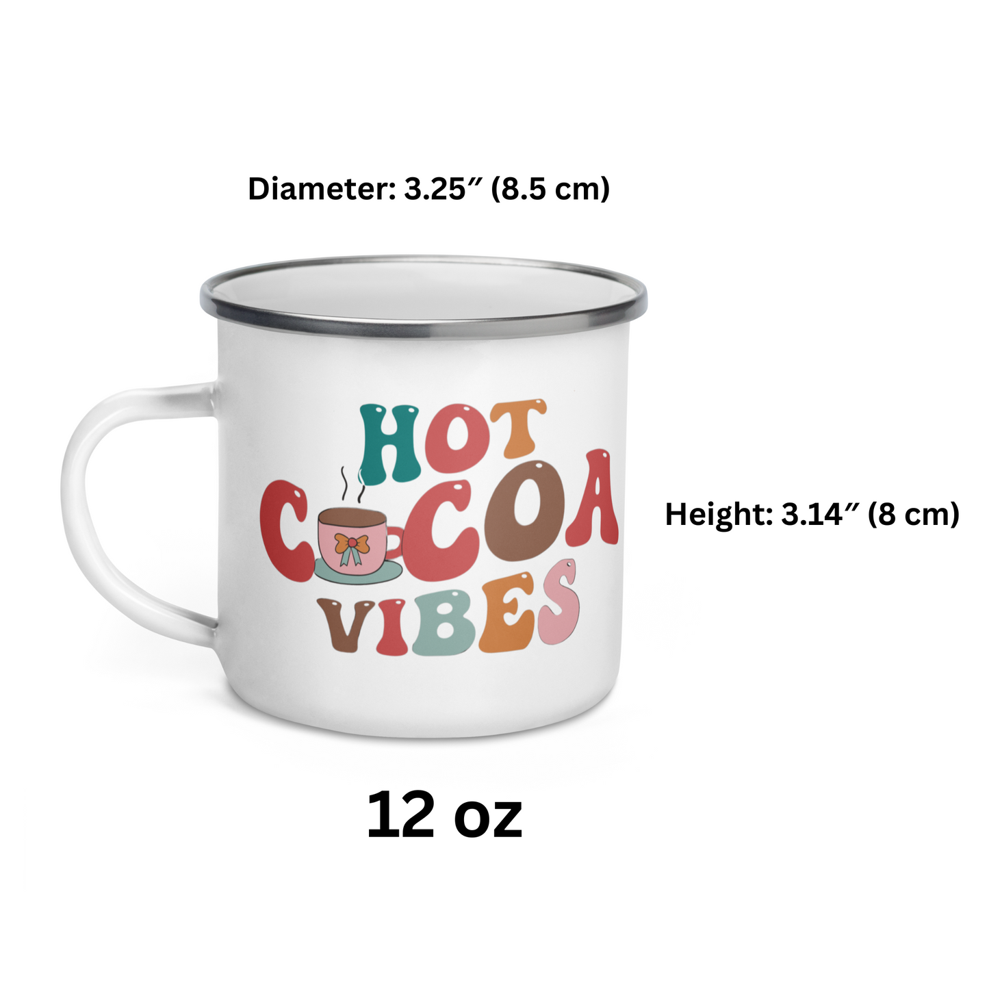 White Enamel Indoor Outdoor mug with the saying Hot cocoa Vibes on it for Hot Beverages, Hot Chocolate. Great for Christmas Gifts, Hot cocoa Bombs, Hot chocolate lovers and stocking stuffers. 