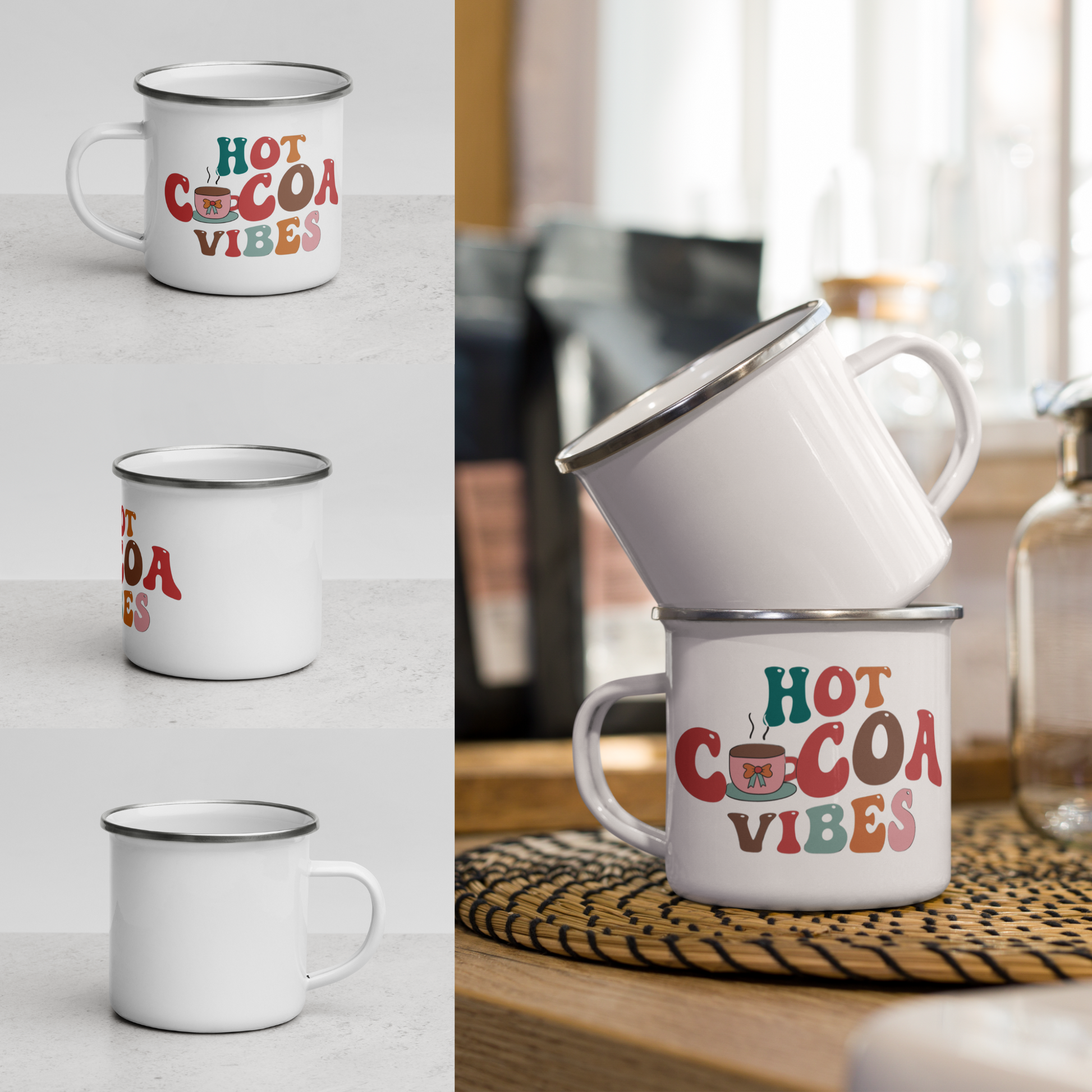 White Enamel Indoor Outdoor mug with the saying Hot cocoa Vibes on it for Hot Beverages, Hot Chocolate. Great for Christmas Gifts, Hot cocoa Bombs, Hot chocolate lovers and stocking stuffers. 