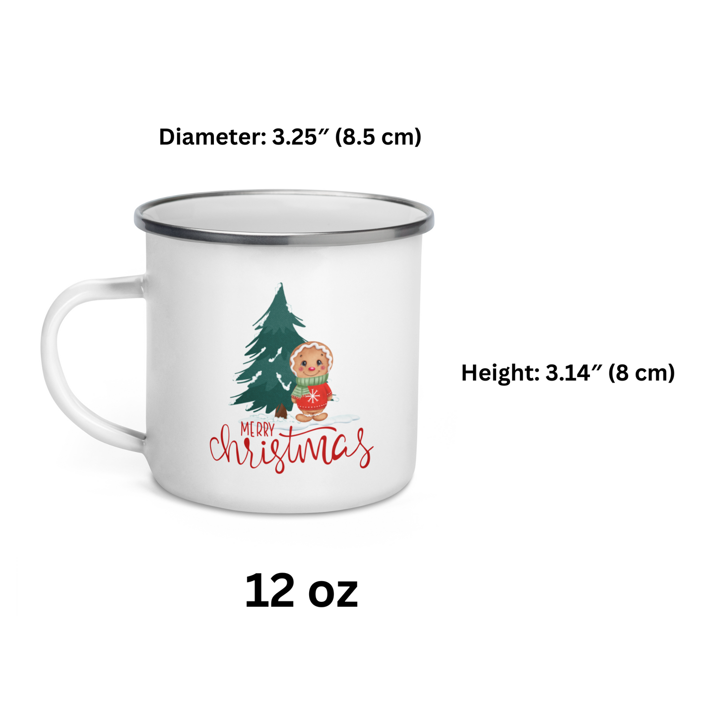 White Enamel Indoor Outdoor mug with Merry Christmas text with a Gingerbread man and evergreen tree on it for  Hot Beverages, Hot Chocolate. Great for Christmas Gifts, Hot cocoa Bombs and stocking stuffers.