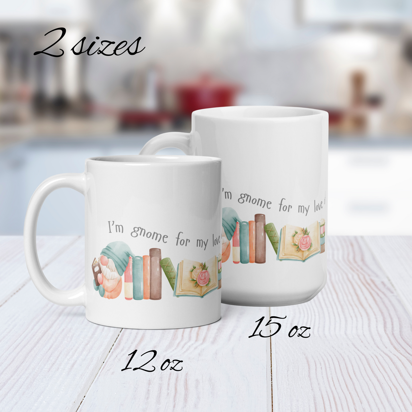 A ceramic mug in 11 and 15 oz sizes with cute little gnomes reading books and a caption that reads I'm gnome for my love of books. A great gift mug for those who love reading and gnomes. 