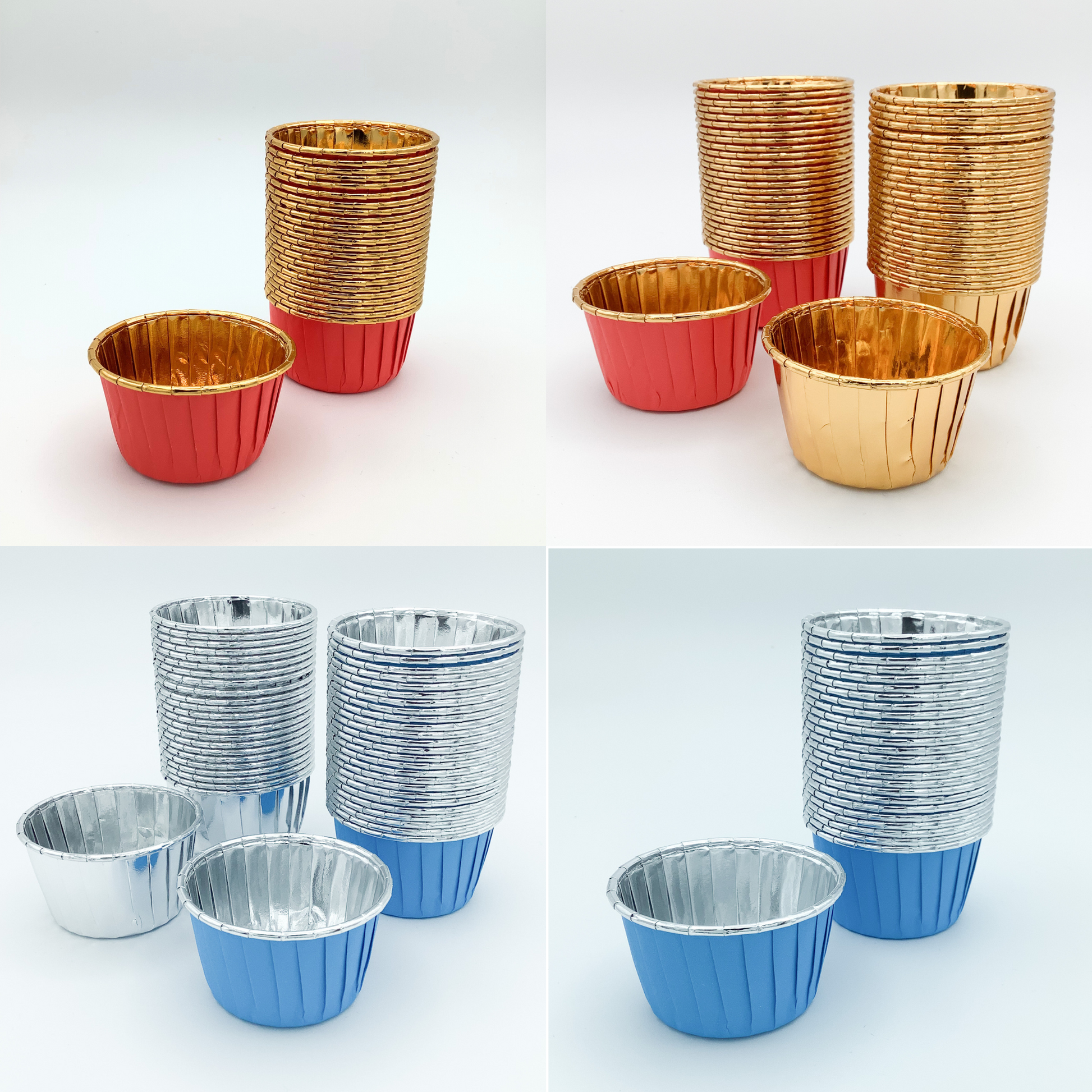 Blue, Silver, Red, Gold Foil Coated Paper Cupcake Liners For Kids Snack Cups, Single Serve samples, Graduation parties, Birthday parties, Holiday Party, and Mini Gift Basket, Easter Basket,