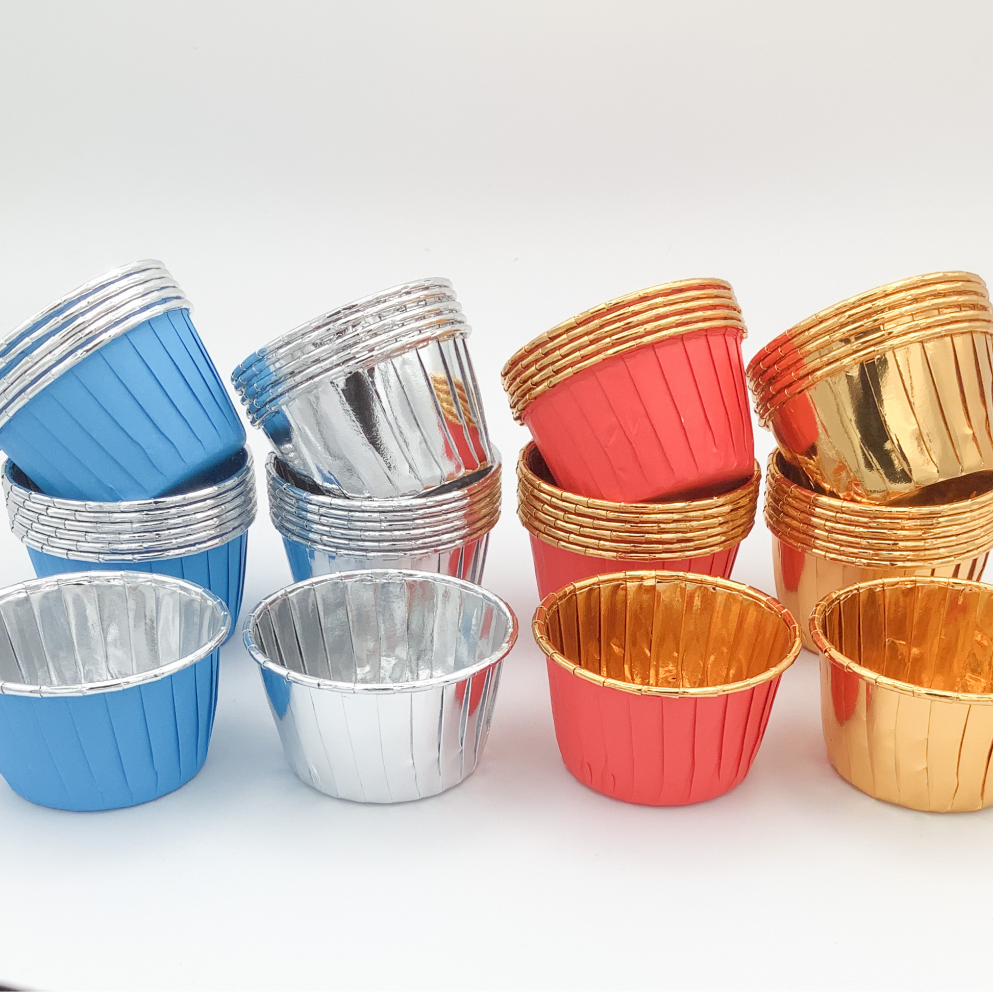 Blue, Silver, Red, Gold Foil Coated Paper Cupcake Liners For Kids Snack Cups, Single Serve samples, Graduation parties, Birthday parties, Holiday Party, and Mini Gift Basket, Easter Basket,