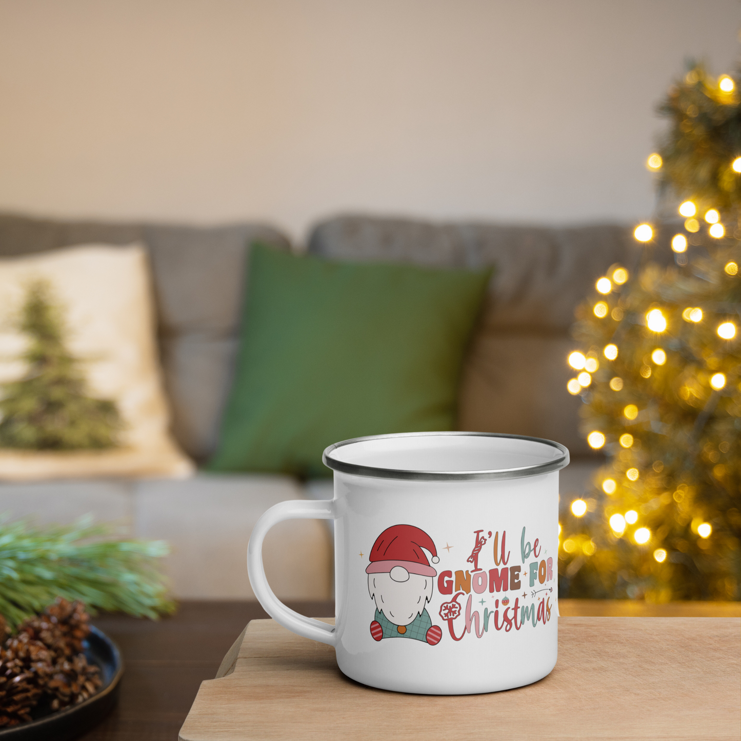 White Enamel Indoor Outdoor mug with a cute little gnome and the saying, I'll be gnome for Christmas on it for Hot Beverages, Hot Chocolate. Great for Christmas Gifts, Hot cocoa Bombs and stocking stuffers.