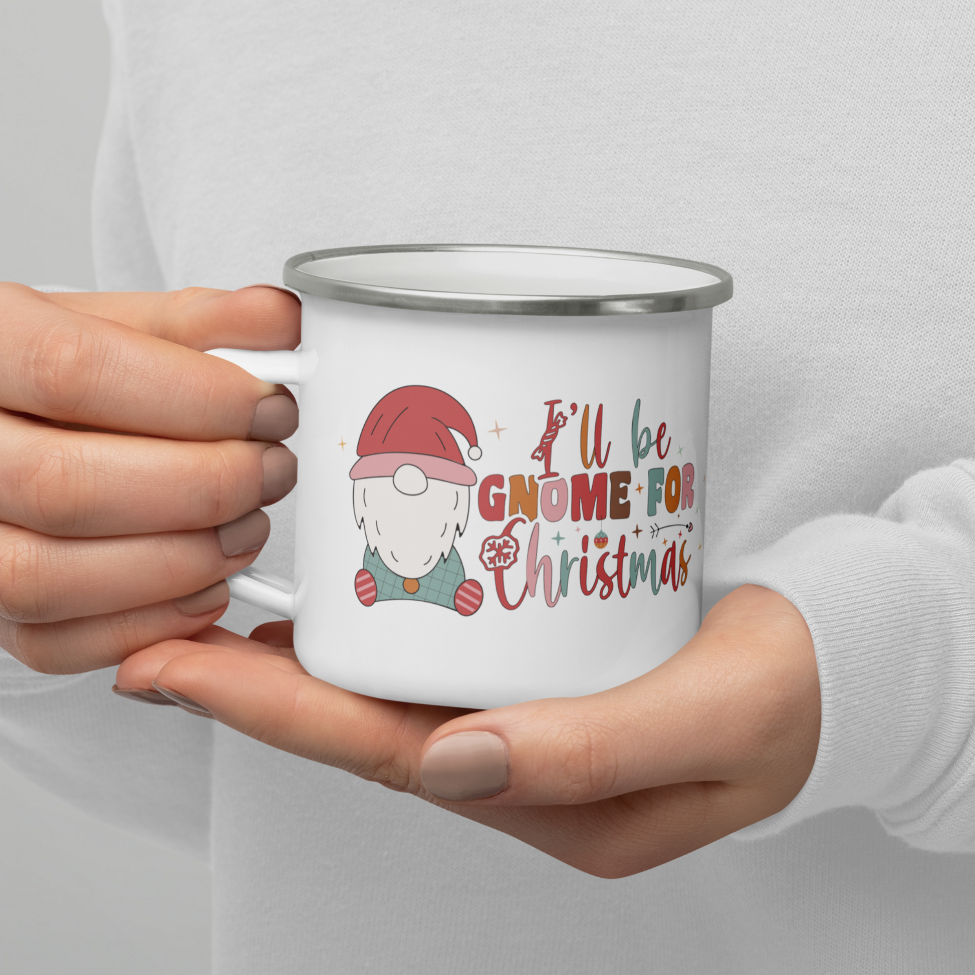 White Enamel Indoor Outdoor mug with a cute little gnome and the saying, I'll be gnome for Christmas on it for Hot Beverages, Hot Chocolate. Great for Christmas Gifts, Hot cocoa Bombs and stocking stuffers.