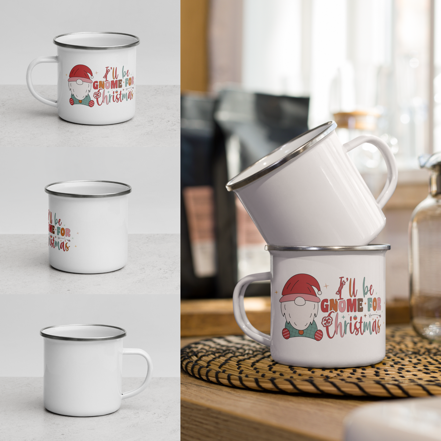 White Enamel Indoor Outdoor mug with a cute little gnome and the saying, I'll be gnome for Christmas on it for Hot Beverages, Hot Chocolate. Great for Christmas Gifts, Hot cocoa Bombs and stocking stuffers.