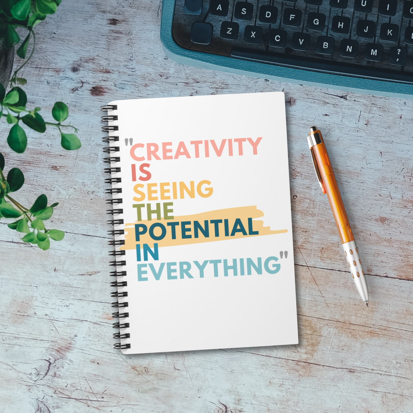 118 page rule lined notebook with the caption on the front that reads, creativity is seeing the potential in everything, in bold bright colors. A great gift for a creative person, artist, or writer for note taking, journaling, or creative writing.