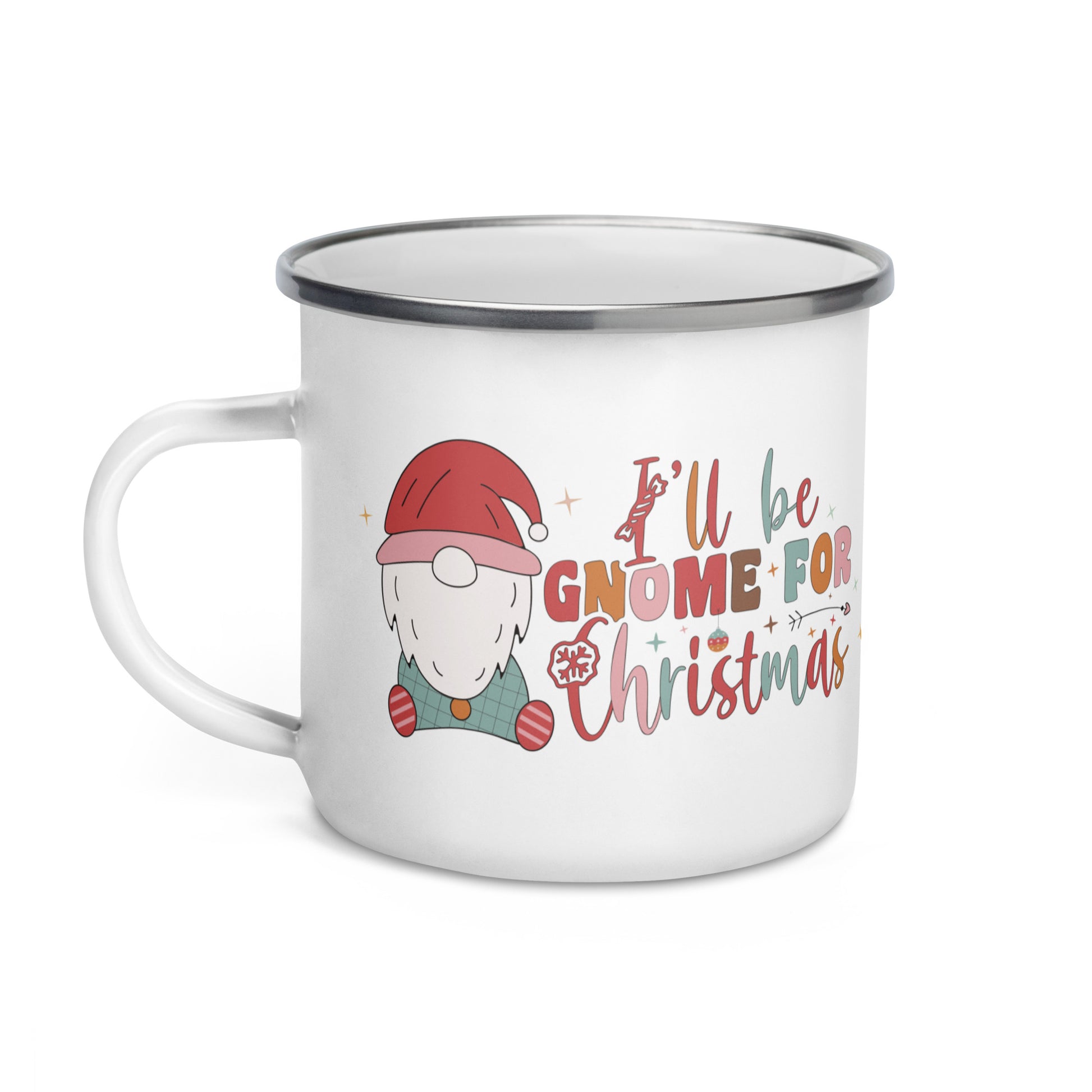 White Enamel Indoor Outdoor mug with a cute little gnome and the saying, I'll be gnome for Christmas on it for Hot Beverages, Hot Chocolate. Great for Christmas Gifts, Hot cocoa Bombs and stocking stuffers.