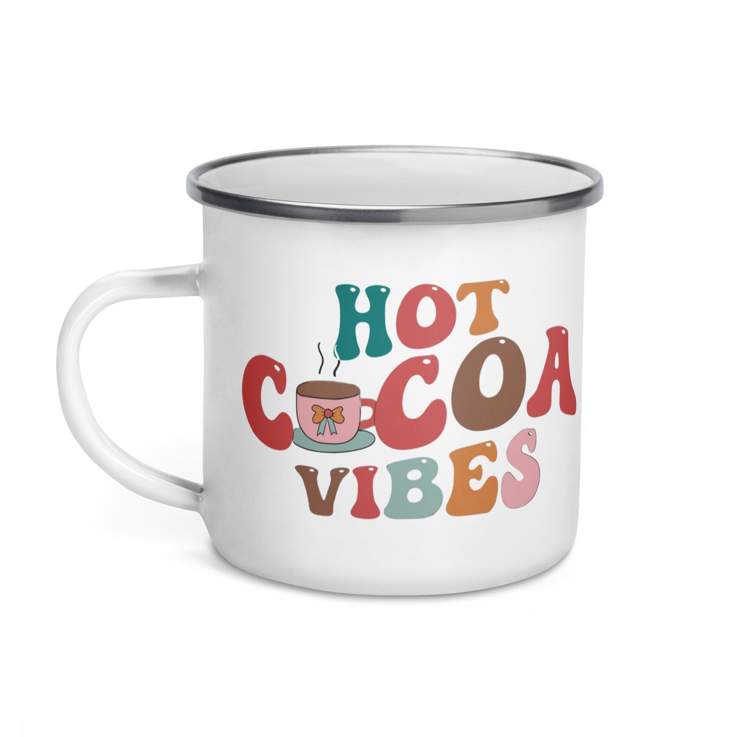 White Enamel Indoor Outdoor mug with the saying Hot cocoa Vibes on it for Hot Beverages, Hot Chocolate. Great for Christmas Gifts, Hot cocoa Bombs, Hot chocolate lovers and stocking stuffers. 