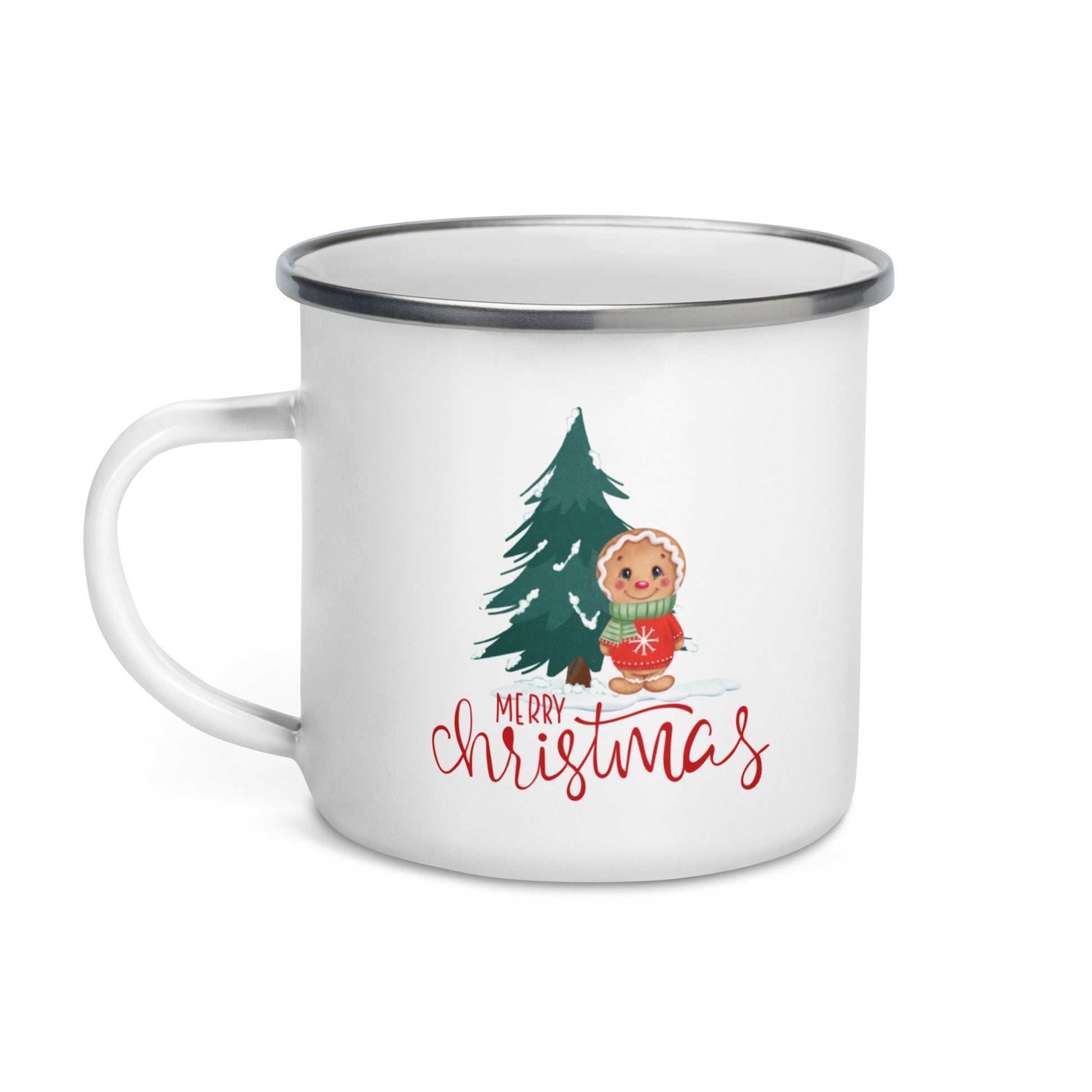 White Enamel Indoor Outdoor mug with Merry Christmas text with a Gingerbread man and evergreen tree on it for  Hot Beverages, Hot Chocolate. Great for Christmas Gifts, Hot cocoa Bombs and stocking stuffers.