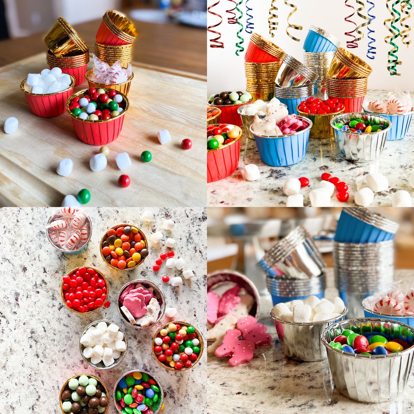 Blue, Silver, Red, Gold Foil Coated Paper Cupcake Liners For Kids Snack Cups, Single Serve samples, Graduation parties, Birthday parties, Holiday Party, and Mini Gift Basket, Easter Basket,