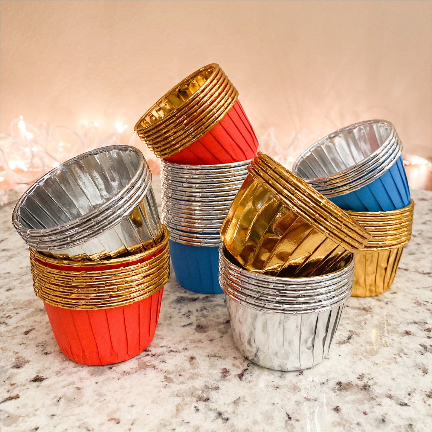 Blue, Silver, Red, Gold Foil Coated Paper Cupcake Liners For Kids Snack Cups, Single Serve samples, Graduation parties, Birthday parties, Holiday Party, and Mini Gift Basket, Easter Basket,