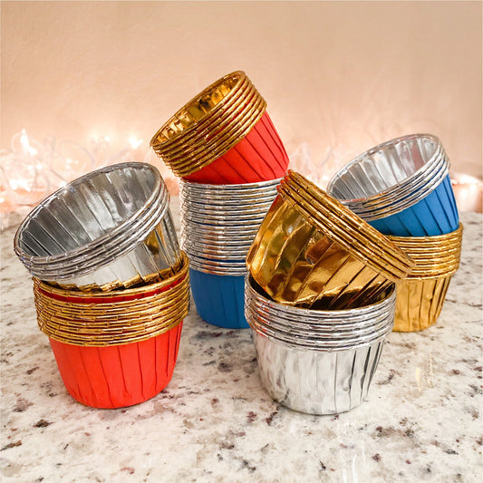 Blue, Silver, Red, Gold Foil Coated Paper Cupcake Liners For Kids Snack Cups, Single Serve samples, Graduation parties, Birthday parties, Holiday Party, and Mini Gift Basket, Easter Basket,