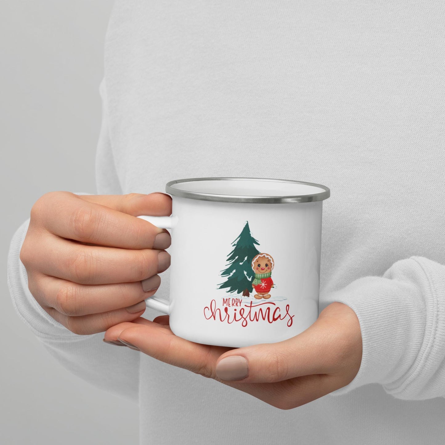 White Enamel Indoor Outdoor mug with Merry Christmas text with a Gingerbread man and evergreen tree on it for  Hot Beverages, Hot Chocolate. Great for Christmas Gifts, Hot cocoa Bombs and stocking stuffers.