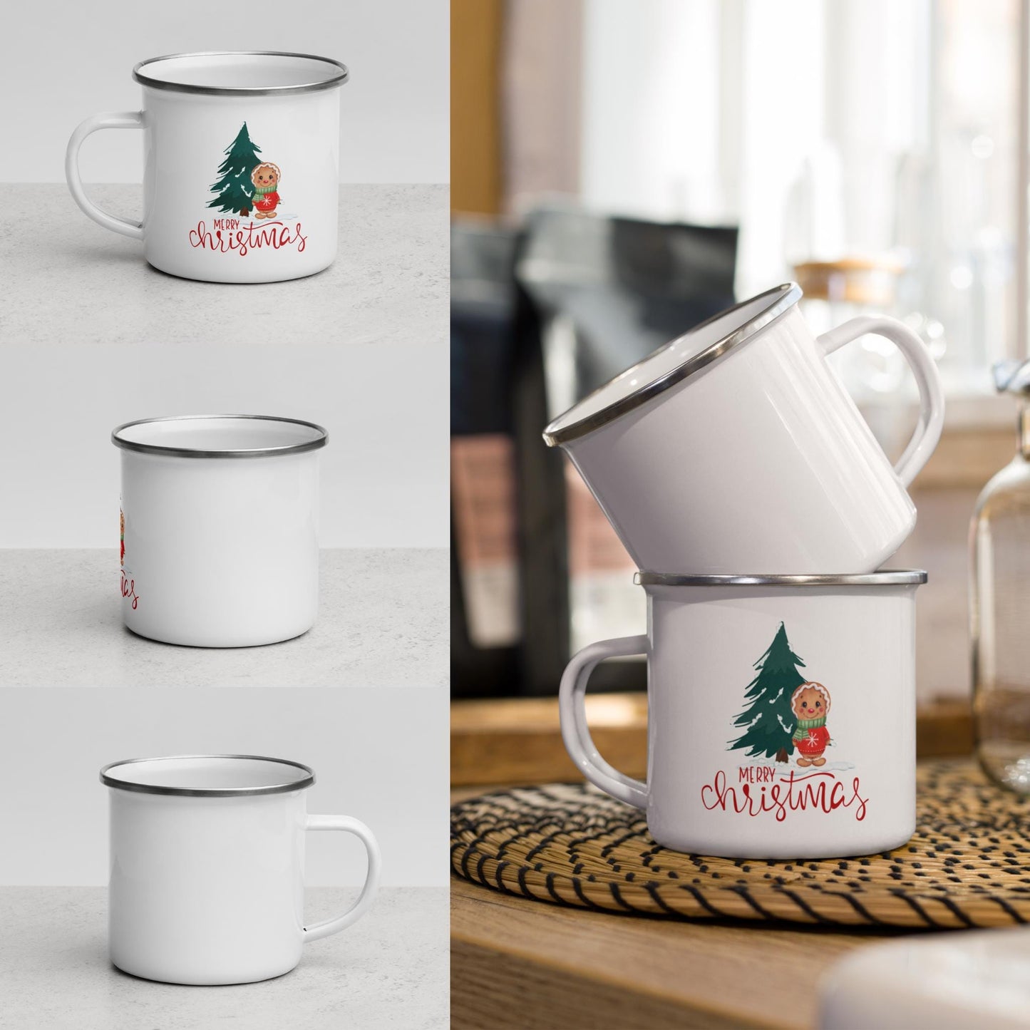 White Enamel Indoor Outdoor mug with Merry Christmas text with a Gingerbread man and evergreen tree on it for  Hot Beverages, Hot Chocolate. Great for Christmas Gifts, Hot cocoa Bombs and stocking stuffers.