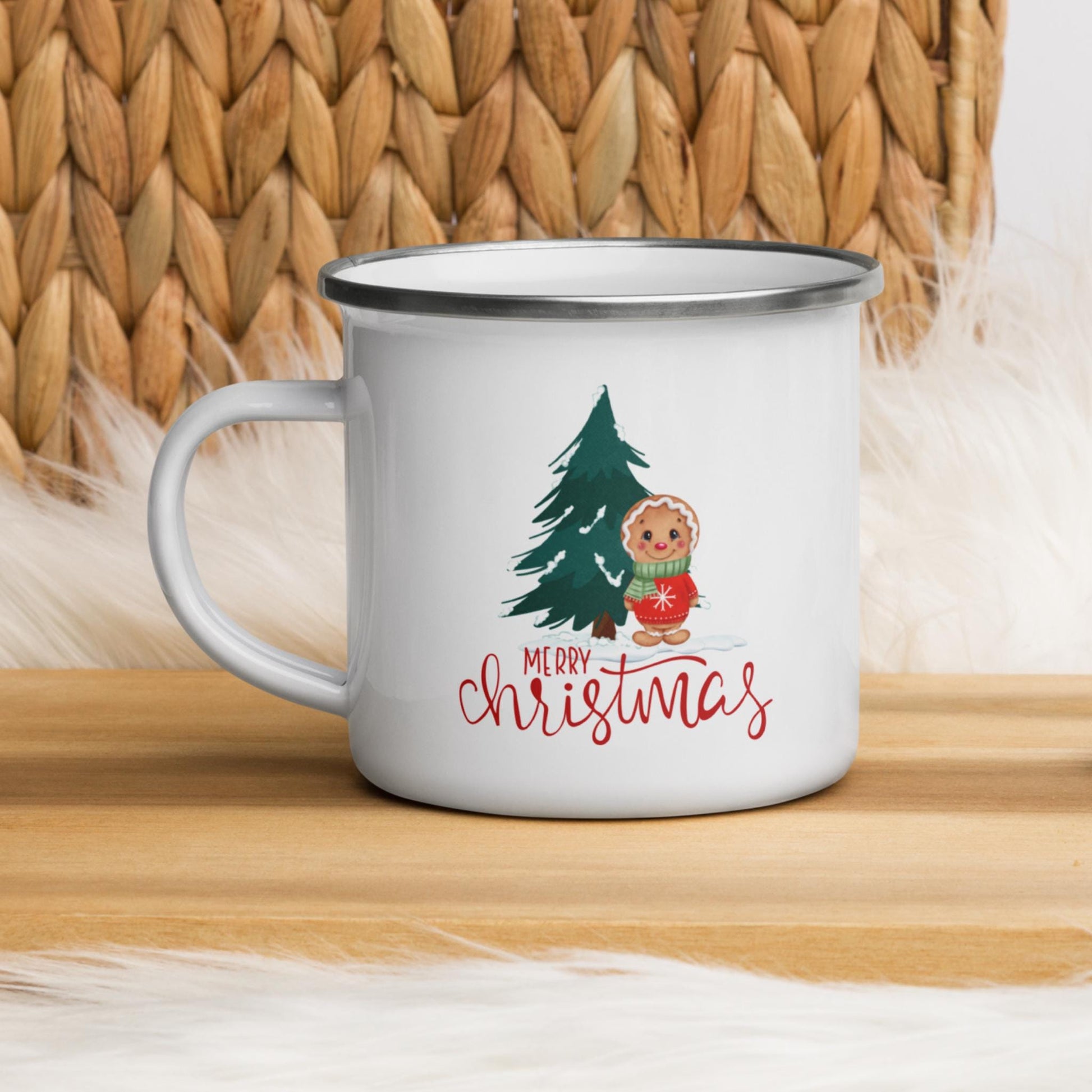 White Enamel Indoor Outdoor mug with Merry Christmas text with a Gingerbread man and evergreen tree on it for  Hot Beverages, Hot Chocolate. Great for Christmas Gifts, Hot cocoa Bombs and stocking stuffers.