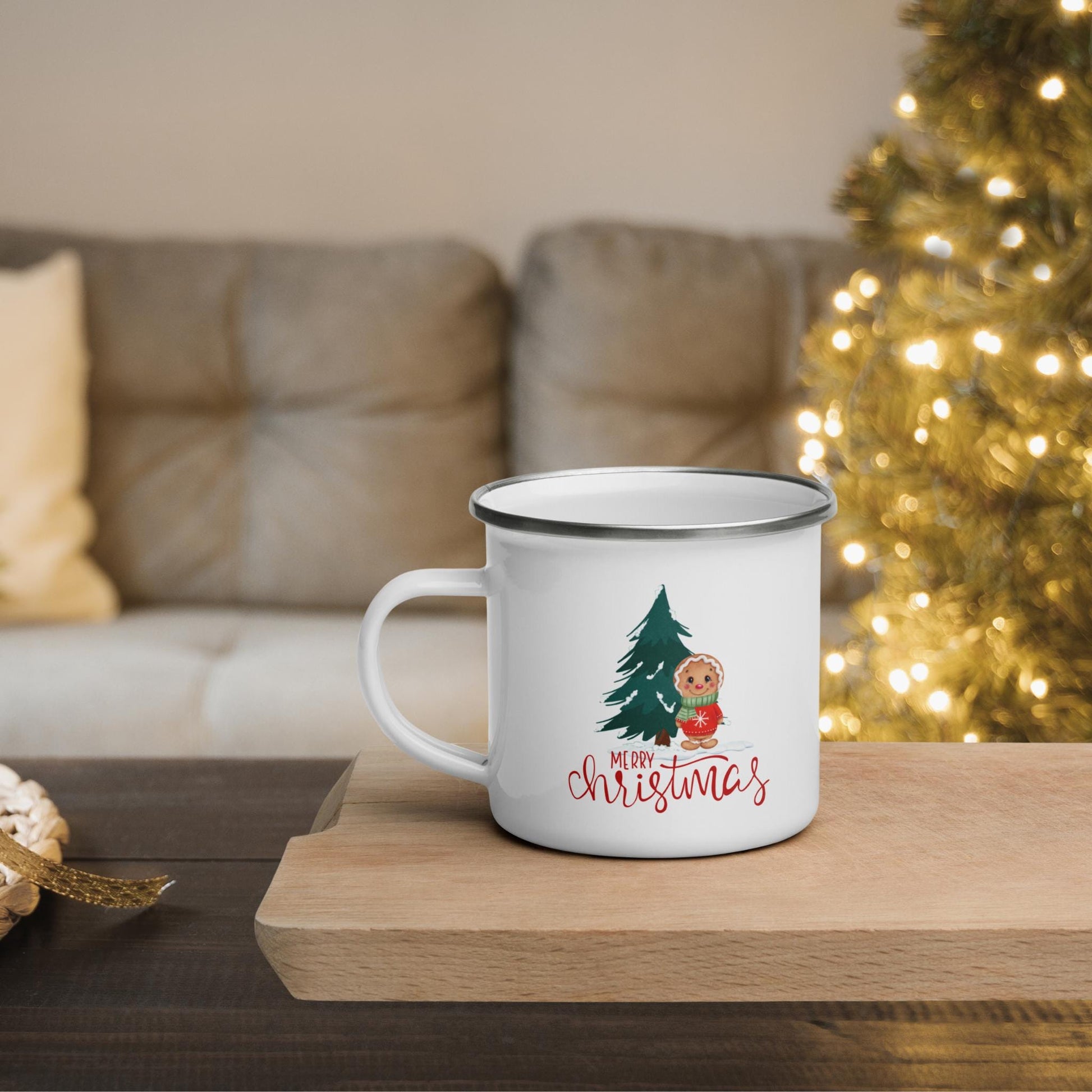 White Enamel Indoor Outdoor mug with Merry Christmas text with a Gingerbread man and evergreen tree on it for  Hot Beverages, Hot Chocolate. Great for Christmas Gifts, Hot cocoa Bombs and stocking stuffers.