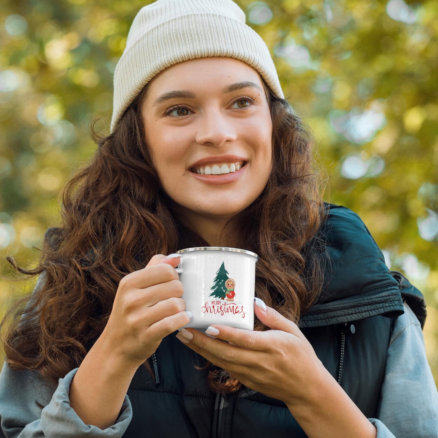 Merry Christmas Gingerbread Holiday White Enamel Mug Hot Beverage Drinkware, Indoor Outdoor Mug - 12oz